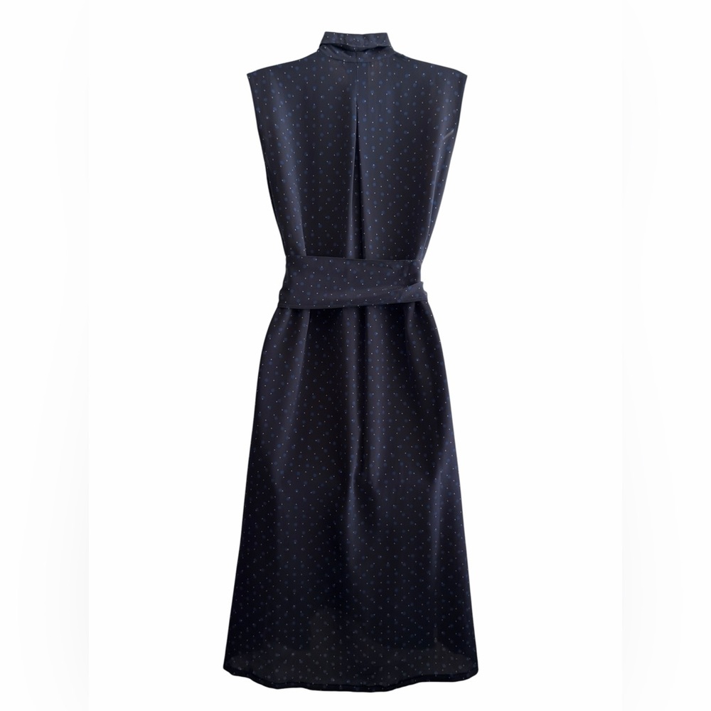 Vince Blue Silk Polka Dot Midi Dress M Sleeveless V Neck Casual Cocktail Pockets - Picture 13 of 16